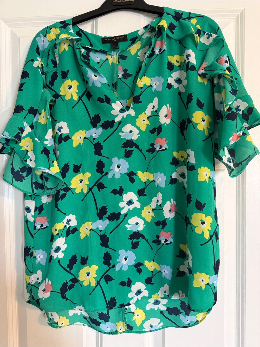Banana Republic Teal Green Floral Ruffle-Sleeve Blouse